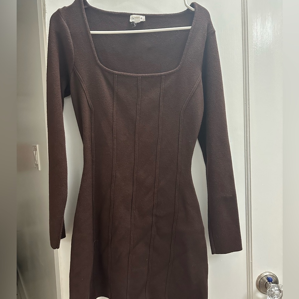 Le Lis Chocolate Brown Long Sleeve Sweater Dress